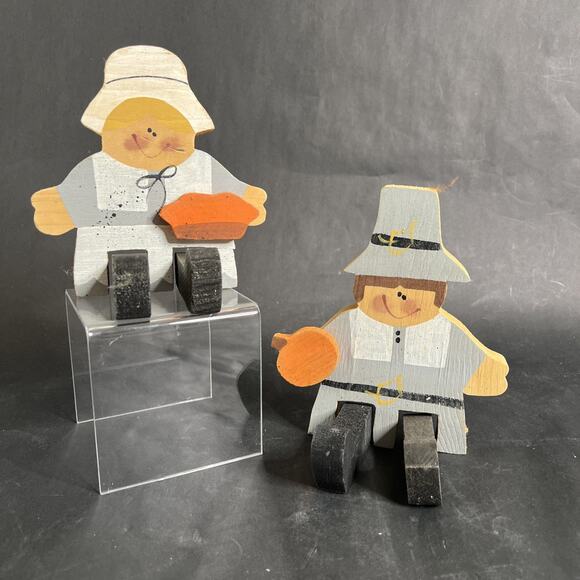 VTG Thanksgiving Shelf Sitters Pilgrm Boy Girl Turkey Set of 2 signed Hand Paint - Picture 1 of 9